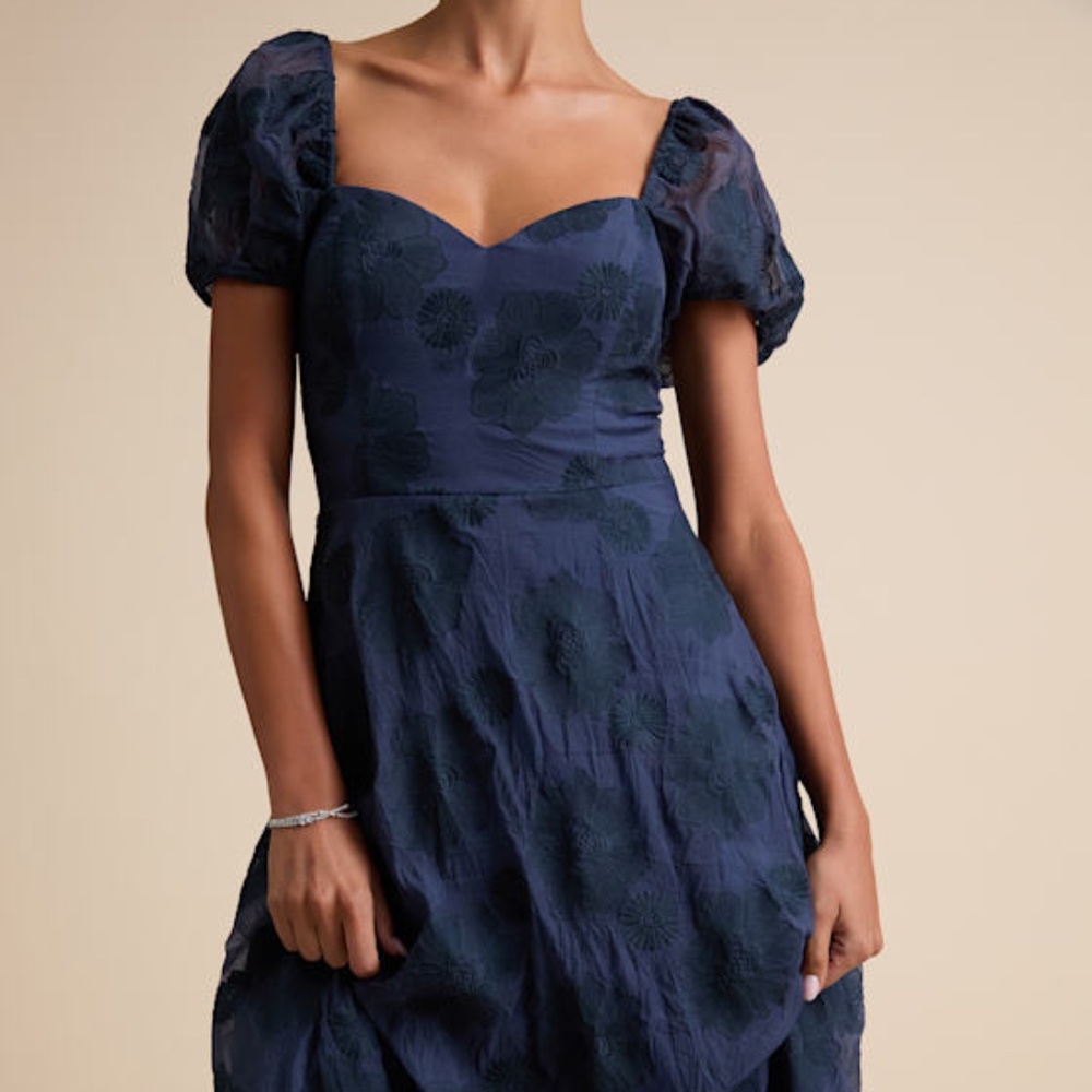 Lulus Sweetest Behavior Navy Embroidered Puff Sleeve Midi Dress Blue - Size L